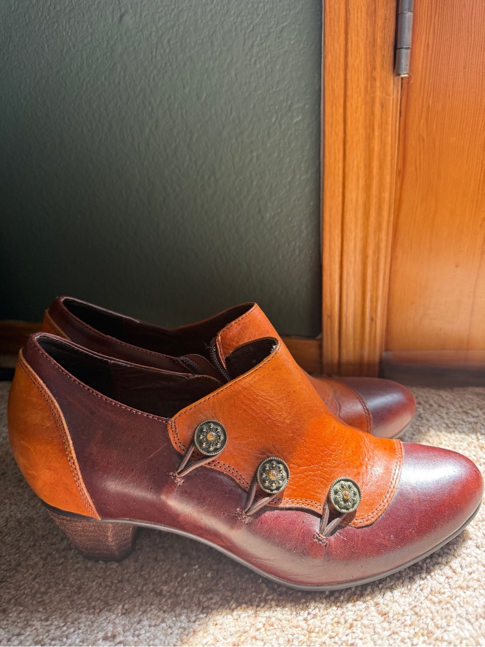 Two-Tone Brown and Tan Leather Button-Accent Heels